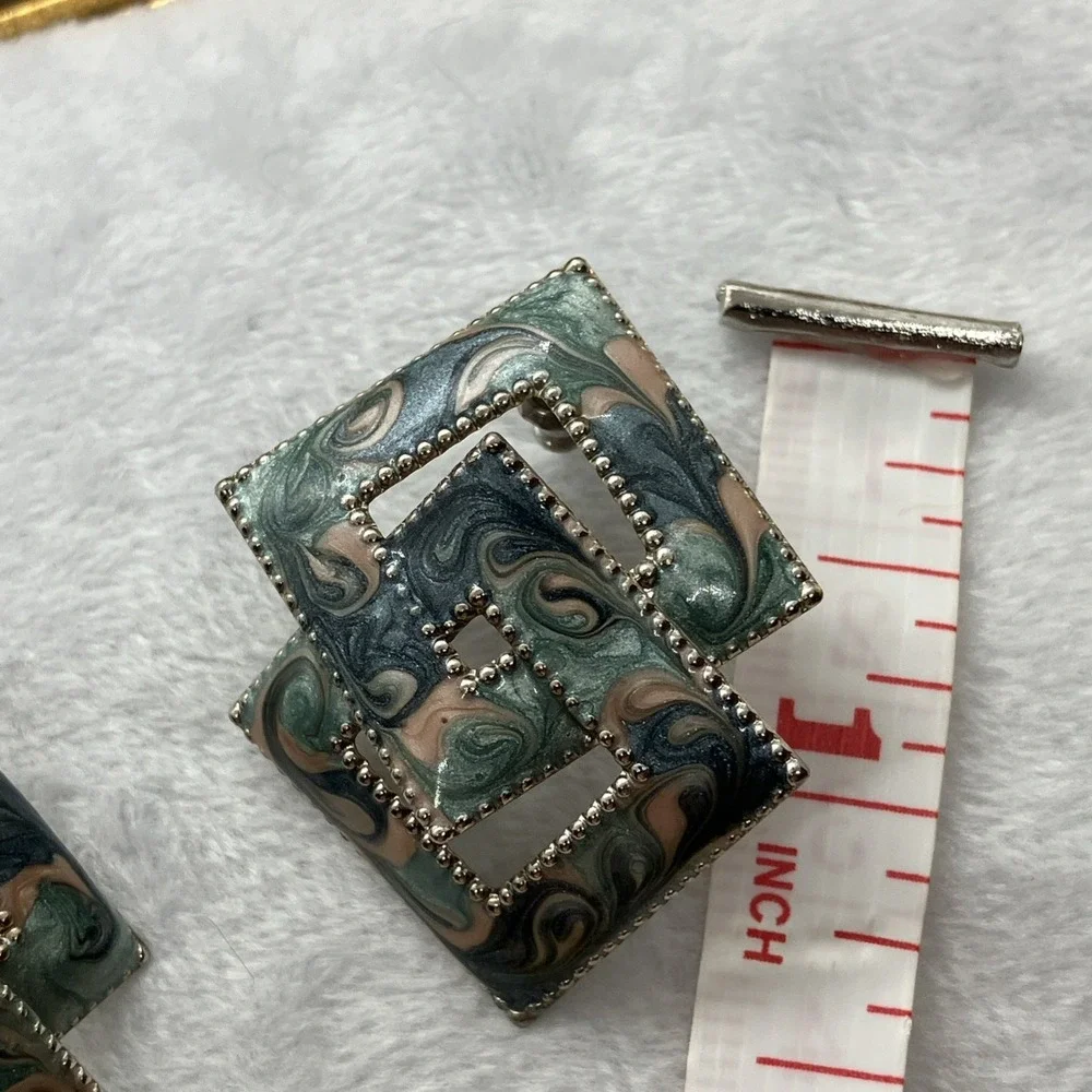 Vtg 80's Enamel Swirl‎ Earrings Square Pink Green Blue Silver Tone Pierced Funky